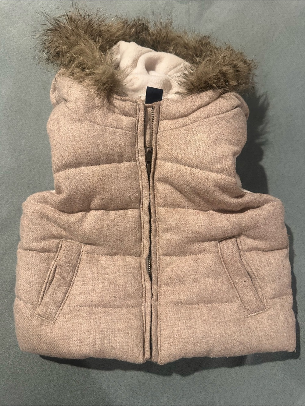 GAP Pink Taupe Hooded Puffer Vest with Faux Fur Trim